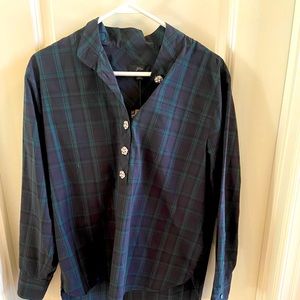 Jcrew navy tartan plaid blouse with jewel button